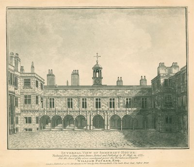 Widok wewnętrzny Somerset House, The Strand, Londyn; na podstawie ryciny narysowanej przez W Mossa w 1777 r. autorstwa English School