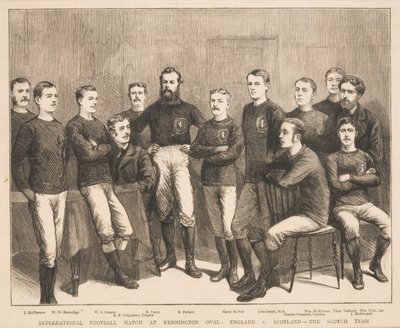 Międzynarodowy mecz piłki nożnej na Kennington Oval: Anglia vs. Szkocja - The Scotch Team, z The Graphic, 1879 autorstwa English School