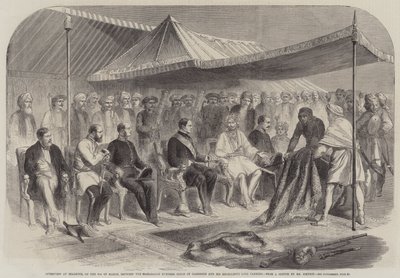 Wywiad w Sealkote, 9 marca, pomiędzy Maharajah Rumbeer Singh of Cashmere a Jego Ekscelencją Lordem Canningiem (grawerowanie) autorstwa English School