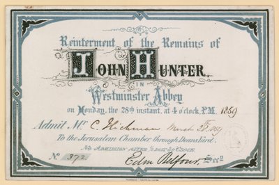 Zaproszenie do ponownego pochówku szczątków Johna Huntera w Opactwie Westminsterskim, Londyn, 28 marca 1859 r. autorstwa English School