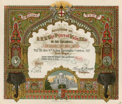 Zaproszenie na przyjęcie JKW Księcia Walii w Guildhall w Londynie 19 maja 1876 r. autorstwa English School