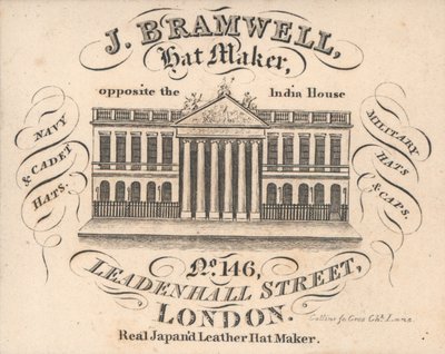 J Branwell, kapelusznik, 146 Leadenhall Street, karta handlowa autorstwa English School