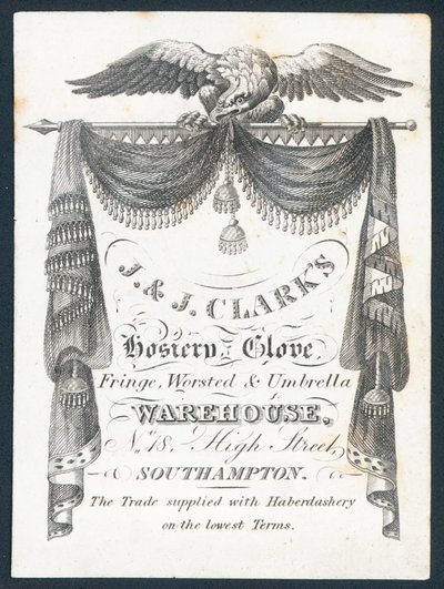 J & J Clarks, wyroby pończosznicze, rękawiczki, frędzle, magazyn czesankowy i parasolowy, karta handlowa autorstwa English School