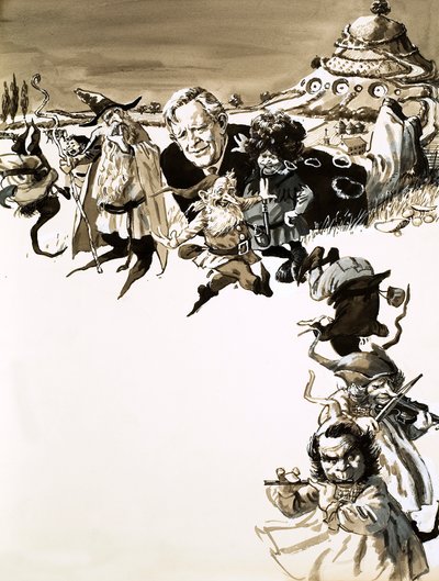 J.R.R. Tolkien i postacie z Władcy Pierścieni autorstwa English School