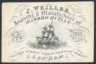 J Weiller, importer i producent hambro Quills, 2 Tenter Street, karta handlowa autorstwa English School