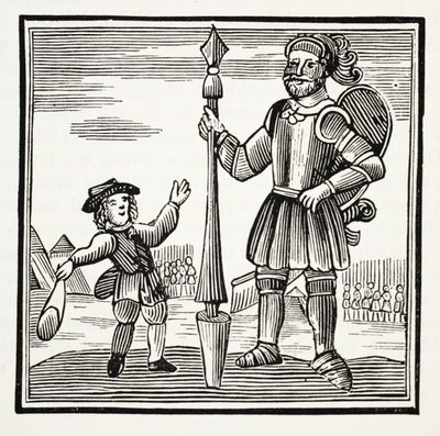 Jack and the Giant, ilustracja z książki rozdziałów XVIII wieku autorstwa Johna Ashtona, wyd. 1882 autorstwa English School