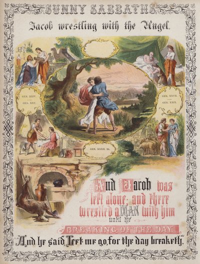 Jakub zmagający się z Aniołem (kolorowy grawerunek) autorstwa English School