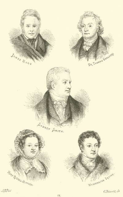 James Hogg, dr Thomas Chalmers, Sydney Smith, Mary Russell Mitford, Washington Irving autorstwa English School