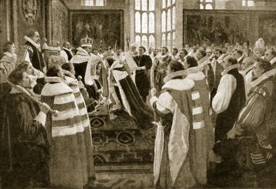 James I inwestuje swojego syna Karola jako księcia Walii, 1616, ilustracja z Hutchinsons Story of the British Nation, c.1923 autorstwa English School
