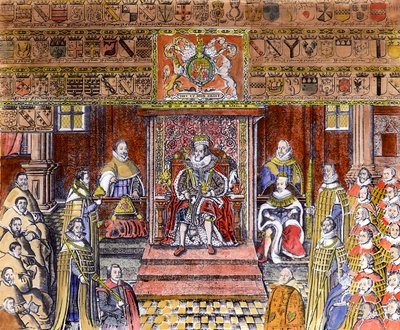Jakub I z Anglii (1566-1625) na dworze (grawerowanie) (późniejsze zabarwienie) autorstwa English School