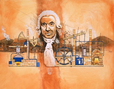 James Watt z piecami i pompami mechanicznymi w tle autorstwa English School