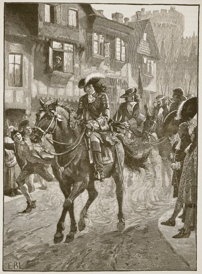 James wjeżdżający do Dublina po bitwie nad Boyne, ilustracja z Cassells Illustrated History of England (zdjęcie w sepii) autorstwa English School