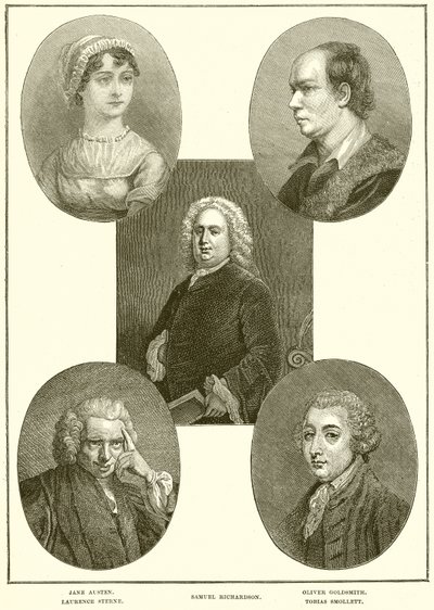 Jane Austen, Laurence Stern, Samuel Richardson, Oliver Goldsmith, Tobias Smollett autorstwa English School