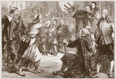 Janet Geddes rzucająca swój stołek dziekanowi Edynburga, ilustracja z Historii protestantyzmu Jamesa Aitkena Wylie (1808-1890), wyd. 1878 autorstwa English School