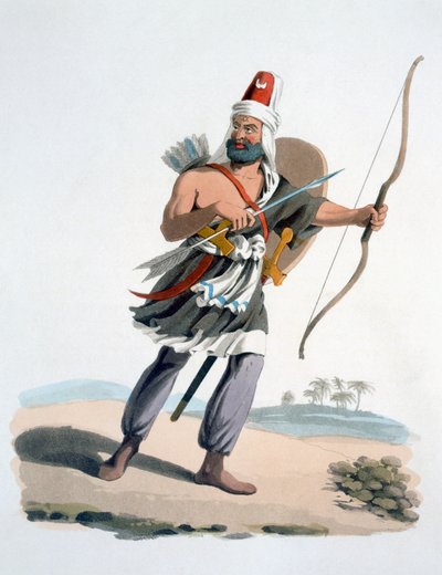 Janczar z Arabii, z Tureckiego stroju wojskowego, 1830 (akwaforta i akwatinta ręcznie kolorowana) autorstwa English School
