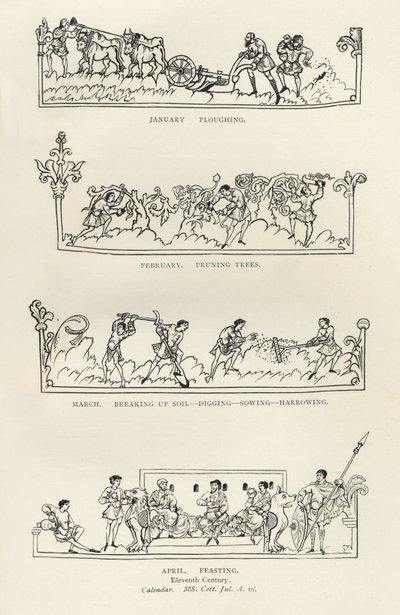 Styczeń, luty, marzec i kwiecień, z „Kalendarza Juliusza i hymna”, ilustracja z „Historii ludu angielskiego” autorstwa English School