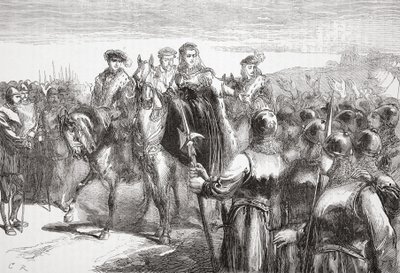 Jeanne DAlbret, królowa Nawarry, przemawiająca do żołnierzy hugenotów, ilustracja z Historii protestantyzmu Jamesa Aitkena Wylie (1808-1890), wyd. 1878 autorstwa English School
