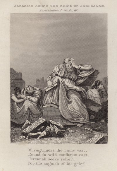 Jeremiasz wśród ruin Jerozolimy, Lamentacje I, wer. 12 autorstwa English School