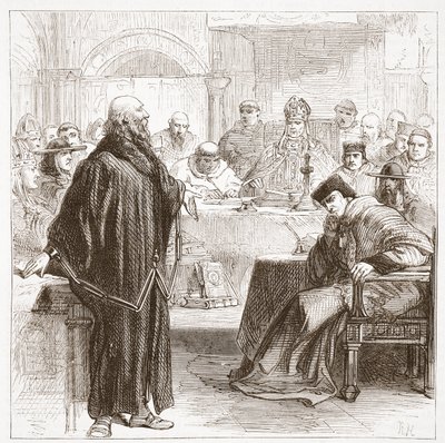 Jerome przemawiający na procesie, ilustracja z Historii protestantyzmu Jamesa Aitkena Wylie (1808-1890), wyd. 1878 autorstwa English School