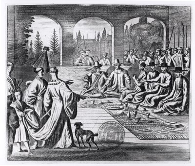 Jezuici z kupcami holenderskimi i portugalskimi na dworze cesarza Japonii, ilustracja z Pamiętnej ambasady do cesarza Japonii autorstwa Arnolda Montanusa, opublikowana w Londynie 1670 autorstwa English School