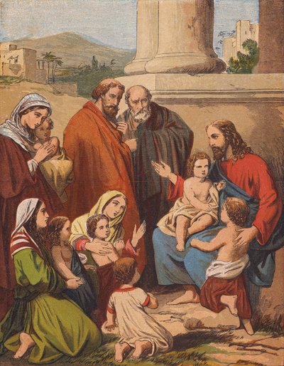 Jezus Chrystus błogosławiący małe dzieci (kolorowa litografia) autorstwa English School