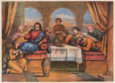 Jezus Chrystus z uczniami i Marią Magdaleną (kolorowa litografia) autorstwa English School