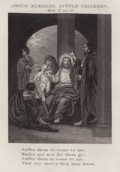 Jezus błogosławi małe dzieci, Mark X, wer. 15 (rycina) autorstwa English School