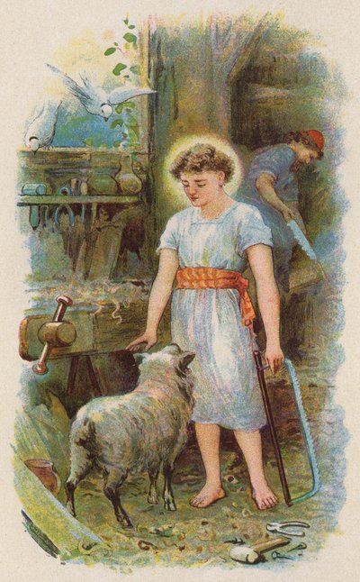 Jezus w warsztacie stolarskim (kolorowa litografia) autorstwa English School