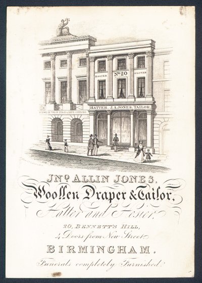 John Allin Jones, wełniany draper i krawiec, kapelusznik i pończocha, karta handlowa autorstwa English School