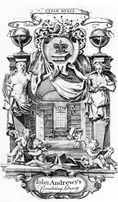 Ekslibris Johna Andrewss Circulating Library autorstwa Josepha Shepperda, opublikowany w Kalkucie, 1774 autorstwa English School