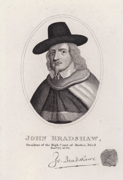 John Bradshaw, angielski sędzia, który był prezesem Wysokiego Trybunału Sprawiedliwości w procesie króla Karola I w 1649 r. (rycina) autorstwa English School