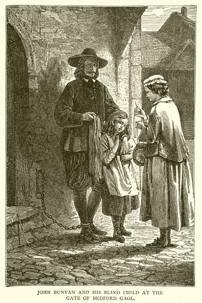 John Bunyan i jego niewidome dziecko przy bramie Bedford Gaol autorstwa English School