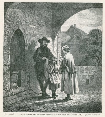 John Bunyan i jego niewidoma córka w drzwiach więzienia Bedford autorstwa English School
