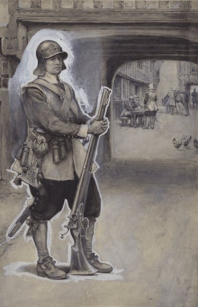 John Bunyan jako żołnierz (gwasz na papierze) autorstwa English School