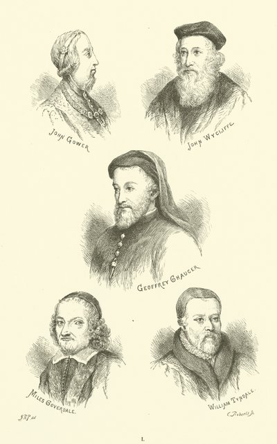 John Gower, John Wycliffe, Geoffrey Chaucer, Miles Coverdale, William Tyndale autorstwa English School