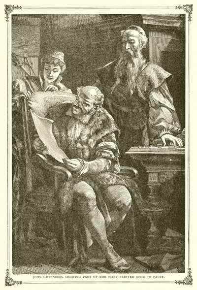 John Gutenberg pokazuje Faustowi część Pierwszej Drukowanej Księgi autorstwa English School