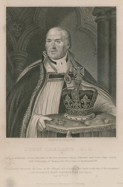 John Ireland, który dzierżył koronę podczas koronacji Jego Królewskiej Mości króla Jerzego IV autorstwa English School