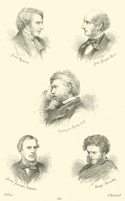 John Ruskin, John Stuart Mill, Thomas Carlyle, James Anthony Froude, Hugh Miller autorstwa English School