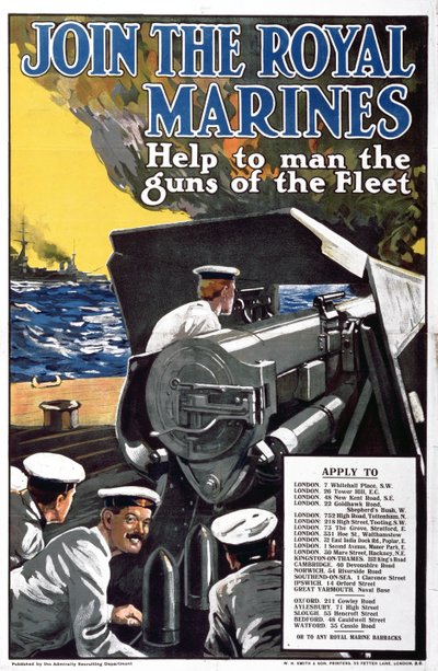 Dołącz do Royal Marines — pomóż obsadzić działa floty, plakat rekrutacyjny do I wojny światowej autorstwa English School