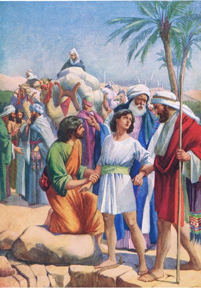 Józef sprzedany przez braci, z The Bible Picture Book wydanej przez Thomasa Nelsona, ok. 1950 autorstwa English School