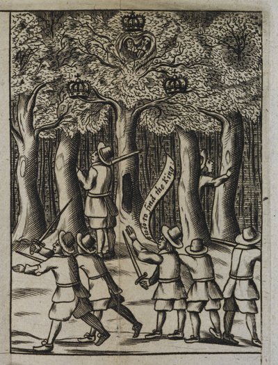 Król Karol II ukrywający się w Boscobel Woods, z „Historii najwspanialszego zachowania jego świętych majestatu po bitwie pod Worcester” autorstwa English School