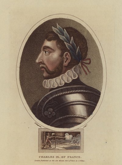 Król Karol IX Francji (kolorowy grawerunek) autorstwa English School