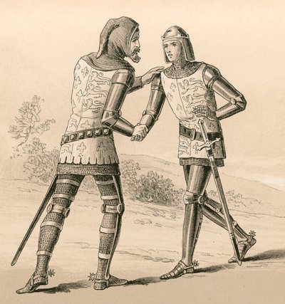 Król Edward III witający swojego syna, Czarnego Księcia, po bitwie pod Crecy autorstwa English School