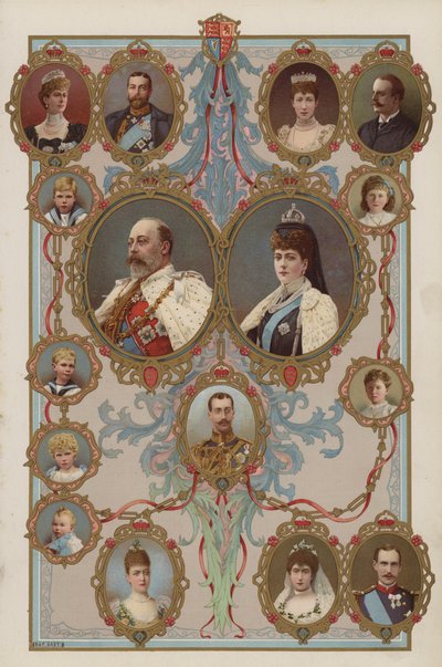 Król Edward VII, królowa Aleksandra oraz ich dzieci i wnuki (kolor lito) autorstwa English School
