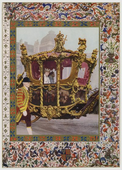 King George V i Queen Mary jadą w State Coach (kolor lito) autorstwa English School