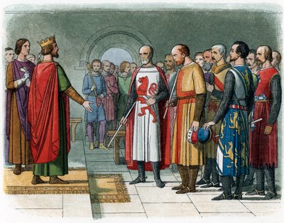 Król Anglii Henryk III przed Komisją Baronową pod przewodnictwem Szymona V z Montfort, ilustracja z „Kroniki Anglii” Jamesa Doyle’a autorstwa English School