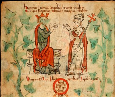 Król Henryk II siedzący na tronie, kłócący się z Tomaszem Becketem, ilustracja z „Kroniki Anglii”, ok. 1307-27 (welum) autorstwa English School