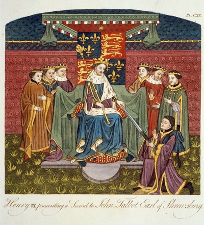 Król Henryk VI (1421-71) przedstawiający miecz Johnowi Talbotowi (ok.1388-1453) hrabiemu Shrewsbury, ilustracja z The Complete View of the Dress and Habits of the People of England Volume II, wydanie 17 autorstwa English School