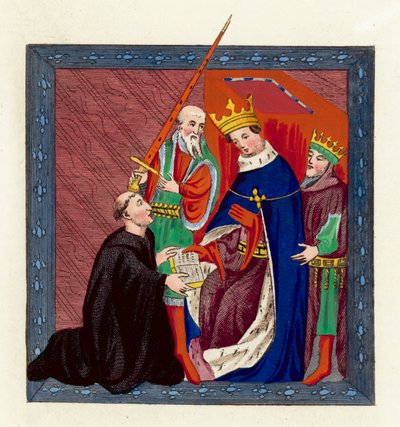 Król Henryk VI i Jan Lydgate (kolorowy grawerunek) autorstwa English School