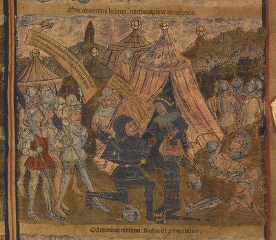 Król Henryk VI wzięty do niewoli po bitwie pod Northampton w 1460 roku przez Edwarda z Yorku (później króla Edwarda IV) oraz hrabiów Warwick i Salisbury, ilustracja z „Typological Life and Genealogy of Edward IV”, c.1460-70 (wellum) autorstwa English School
